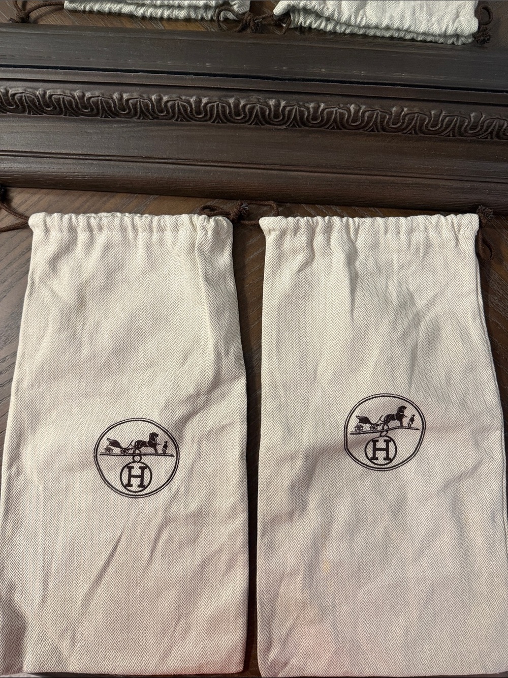 Hermès herringbone tweed drawstring storage dust bag x 2